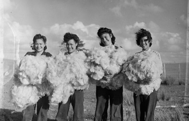 Maori Home Front - Four women in paddock holding piles of sheared wool],Collins, Tudor Washington, 1898-1970, photographer,PH-2013-7-TC-B667-07 
